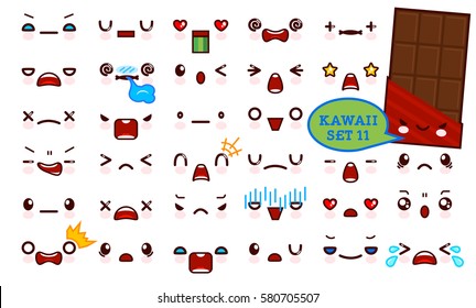 Set of cute kawaii emoticon face and sweet chocolate, collection smileys manga executed in a cartoon style. Vector illustration.
