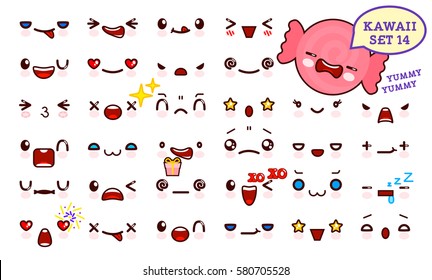 Set of cute kawaii emoticon face and sweet candy, collection smileys manga executed in a cartoon style. Vector illustration.
