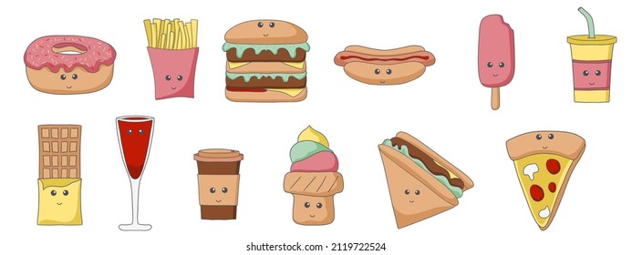 Un juego de deliciosa comida rápida kawaii. Ilustraciones vectoriales sobre fondo blanco. Kawai y la linda ilustración de comida para app, UI