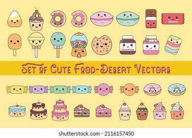 Set Of Cute Kawaii Food Desert Vectors, Breakfast, Food, Nutella, Cake, Pastry, Donut,chocolate, Lollypop, Sushi