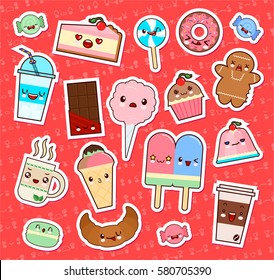 Set of cute kawaii food emoticon stickers in cartoon style.