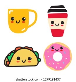 Set of cute kawaii food icons. Vector hand drawn doodle illustrations for greeting card, t shirt, print, stickers, posters design.