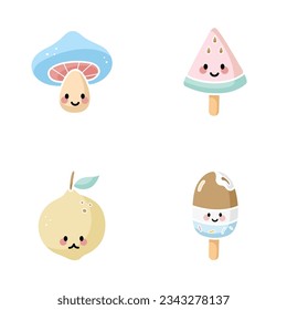 Set Cute Kawaii Food isolated on a white background. Vector - Illustration.