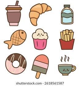 Set of cute and kawaii food sticker illustration 