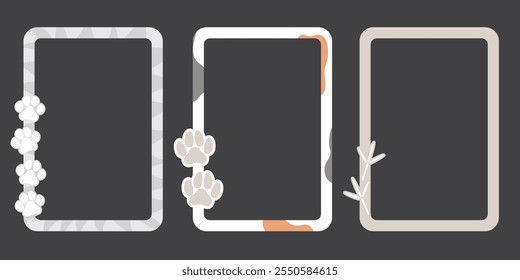 Set of cute kawaii frames with cat, dog and bird pawprints