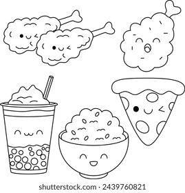 Conjunto de lindo Kawaii Pollo Frito Muslo Pierna, Arroz, Pizza, Burbuja Leche Té Postre Doodle Dibujo para colorear Página de ilustración vectorial