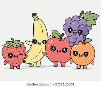 Un conjunto de lindos personajes de frutas kawaii que incluyen fresa, plátano, manzana, uvas y naranja con caras sonrientes felices. Ilustración vectorial sobre fondo blanco.