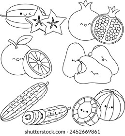 Set of Cute Kawaii Fruit Cucumber, Star Fruit, Orange, Water Apple, Coconut Cartoon Character Isolated Vector Illustration Coloring Page Hand Drawn for Kids