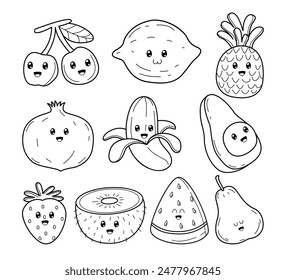 Set of cute kawaii fruit doodle collection with smile expression face, tropical healthy fruit cartoon, outline style illustration, isolated with cherry, lemon, pineapple, banana, avocado, kiwi, pear.