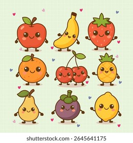 Set of Cute Kawaii Fruit Elements