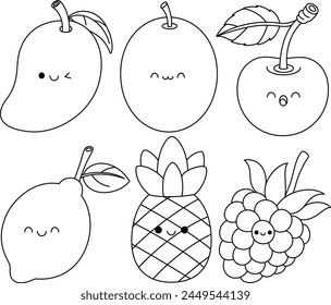 Conjunto de mango lindo de la fruta de Kawaii, kiwi, cereza, limón, frambuesa, piña, personaje de dibujos animados Ilustración vectorial aislada para colorear página dibujada a mano para niños