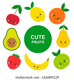 Set of cute kawaii fruits. Apple, pear, orange, lemon, cherry, avocado, strawberry, banana. Smiling funny cartoon fruits with eyes, nose, mouse, cheeks isolated on white background Vector illustration