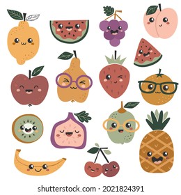 Set of cute kawaii fruits. Vector illustrations ideal for baby textiles and clothing