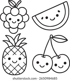 A set of cute Kawaii fruits vector silhouette image like grape, cherry, pineapple and watermelon