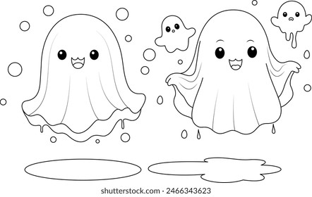 Set of cute kawaii ghosts boo cartoon character coloring page for kids. Halloween vector illustration