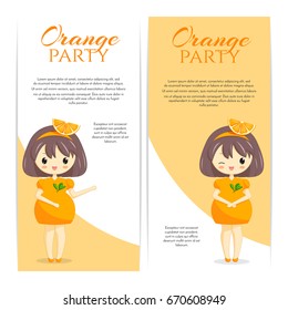 Set of cute kawaii girls in orange dress with decoration in hair isolated on white background. Woman character in vector illustration.