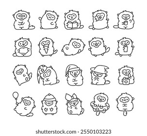 Set of cute kawaii golden snub nosed monkey cartoon characters for kids design with funny adorable furry animals in outline vector style illustrations bundle pack collection