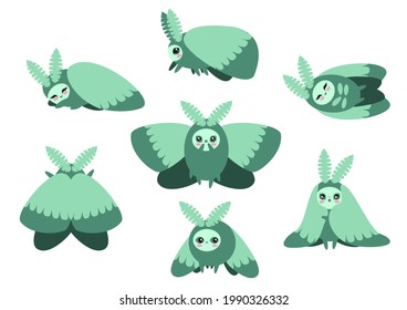 Set of cute kawaii green moth stickers. Character night-fly design collection. Kid graphic, kawaii concept. Adorable little moth, butterfly vector illustration.