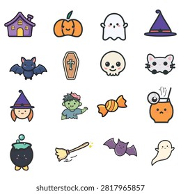 Set of cute kawaii Halloween vector icons on white background. Includes haunted house, pumpkin, ghosts, witch hat, bat, coffin, skull, cat, zombie, candy, potion. Perfect for 2026 designs