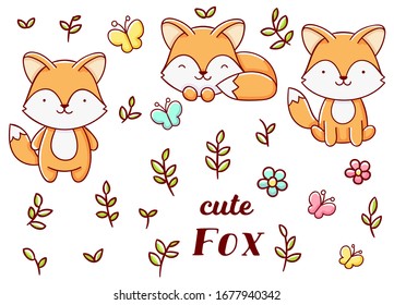 Set cute kawaii hand drawn fox doodles, isolated on white background, clipart, print