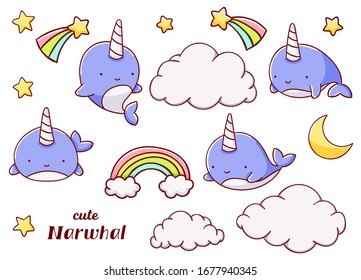 Set cute kawaii hand drawn blue narwhal doodles, isolated on white background, clipart, print