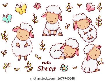 Set cute kawaii hand drawn sheep doodles, isolated on white background, clipart, print