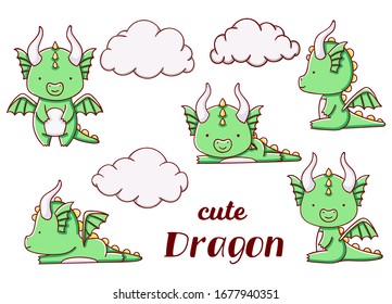 Set cute kawaii hand drawn green dragon doodles, isolated on white background, clipart, print