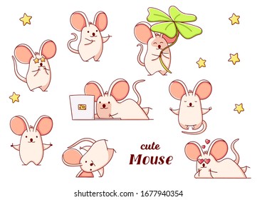 Set cute kawaii hand drawn mouse doodles, isolated on white background, clipart, print