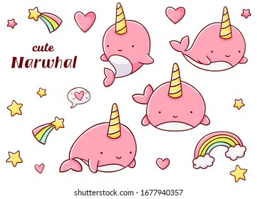 Set cute kawaii hand drawn pink narwhal doodles, isolated on white background, clipart, print