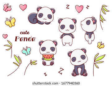 Set cute kawaii hand drawn panda doodles, isolated on white background, clipart, print