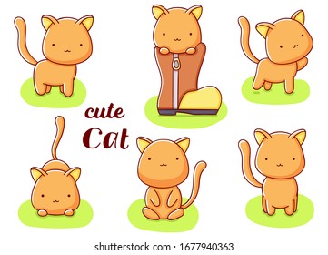 Set cute kawaii hand drawn cat doodles, isolated on white background, clipart, print