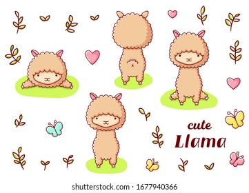 Set cute kawaii hand drawn llama doodles, isolated on white background, clipart, print