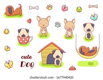 Set cute kawaii hand drawn dog doodles, isolated on white background, clipart, print