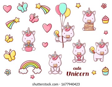 Set cute kawaii hand drawn unicorn doodles, isolated on white background, clipart, print