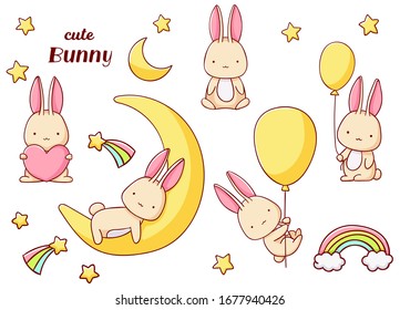 Set cute kawaii hand drawn bunny doodles, isolated on white background, clipart, print