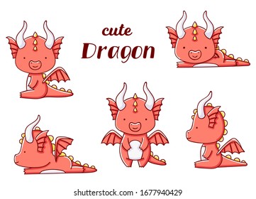 Set cute kawaii hand drawn red dragon doodles, isolated on white background, clipart, print