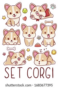 Set cute kawaii hand drawn corgi dog doodles, isolated on white background, clipart,, print