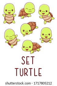 Set cute kawaii hand drawn turtle doodles, isolated on white background, clipart, print