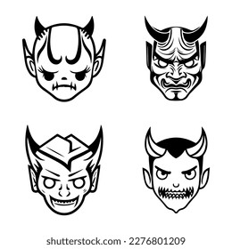 A set of cute kawaii Hannya masks, Hand drawn with clean line art. Each design features the iconic expression illustration