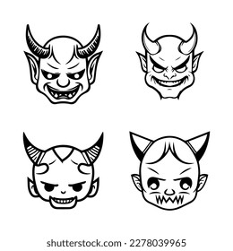 A set of cute kawaii Hannya masks, Hand drawn with clean line art. Each design features the iconic expression illustration