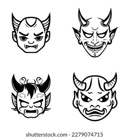 A set of cute kawaii Hannya masks, Hand drawn with clean line art. Each design features the iconic expression illustration