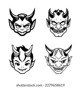 A set of cute kawaii Hannya masks, Hand drawn with clean line art. Each design features the iconic expression illustration