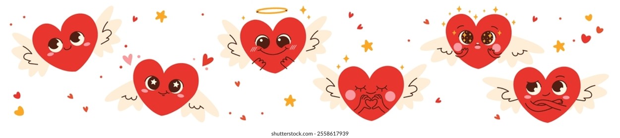 Set of Cute Kawaii heart characters with different emotions. Happy funny design elements for Valentine s Day. Hand drawn Vector illustration. Love, Valentine's day, romance concept. Isolated on white 