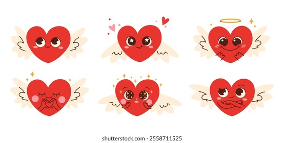 Set of Cute Kawaii heart characters with different emotions. Happy funny design elements for Valentine s Day. Hand drawn Vector illustration. Love, Valentine's day, romance concept. Isolated on white