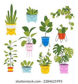 Set of cute kawaii houseplants in flower pots. Multicolored bright flowers and beautiful leaves. Exotic plants, decorative flowers. Vector stock illustration. Childrens illustration of stickers.