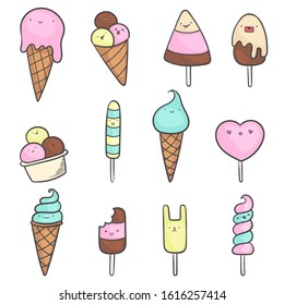 Set of cute kawaii ice cream in doodle style. Various colorful ice cream in waffle with happy faces.