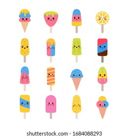 Set of cute kawaii ice cream characters. Cartoon lovely ice cream in waffle cones and popsicle. Summer sweets. Vector illustration