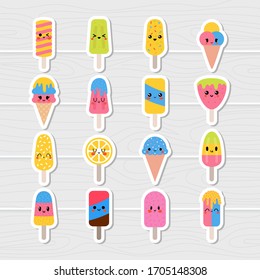 Set of cute kawaii ice cream stickers. Cartoon lovely ice cream in waffle cones and popsicle. Summer sweets. Vector illustration