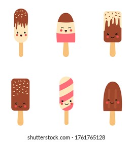 Set of cute kawaii ice creams on white background. Collection of summer desserts with eyes and smiles. Clipart for children posters and scrapbooking.