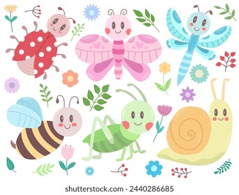 Set with cute kawaii insects, flowers and twigs with leaves - ladybug, grasshopper, bee, snail, butterfly, dragonfly. Vector illustration, easy to edit